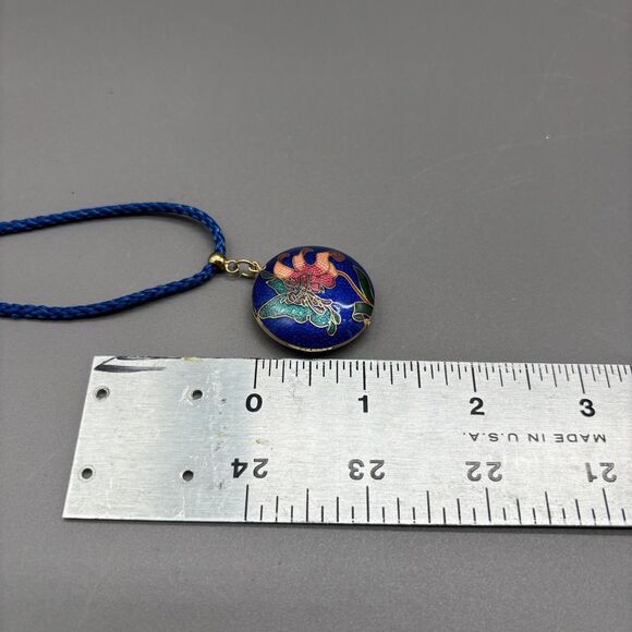 Vintage Cloisonne Enamel Butterfly Lily Pendant Necklace Blue Double Sided 24" - Picture 6 of 9